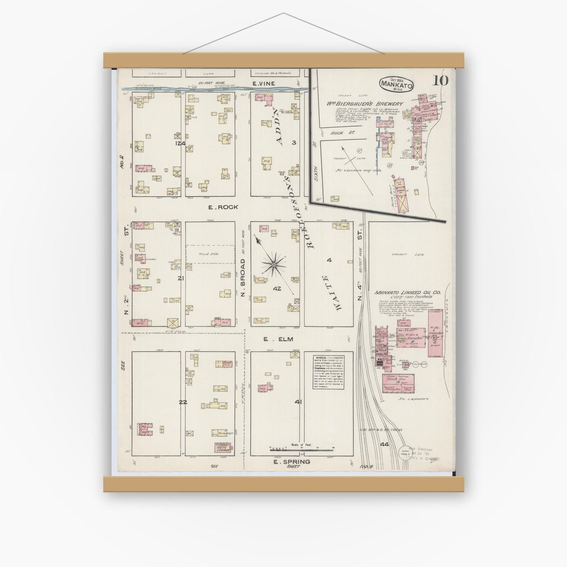 Old map wall art mockup — magnetic wood frame on white wall — Sanborn Fire Insurance Map from Mankato, Blue Earth County, Minnesota (1884), Sheet #0010
