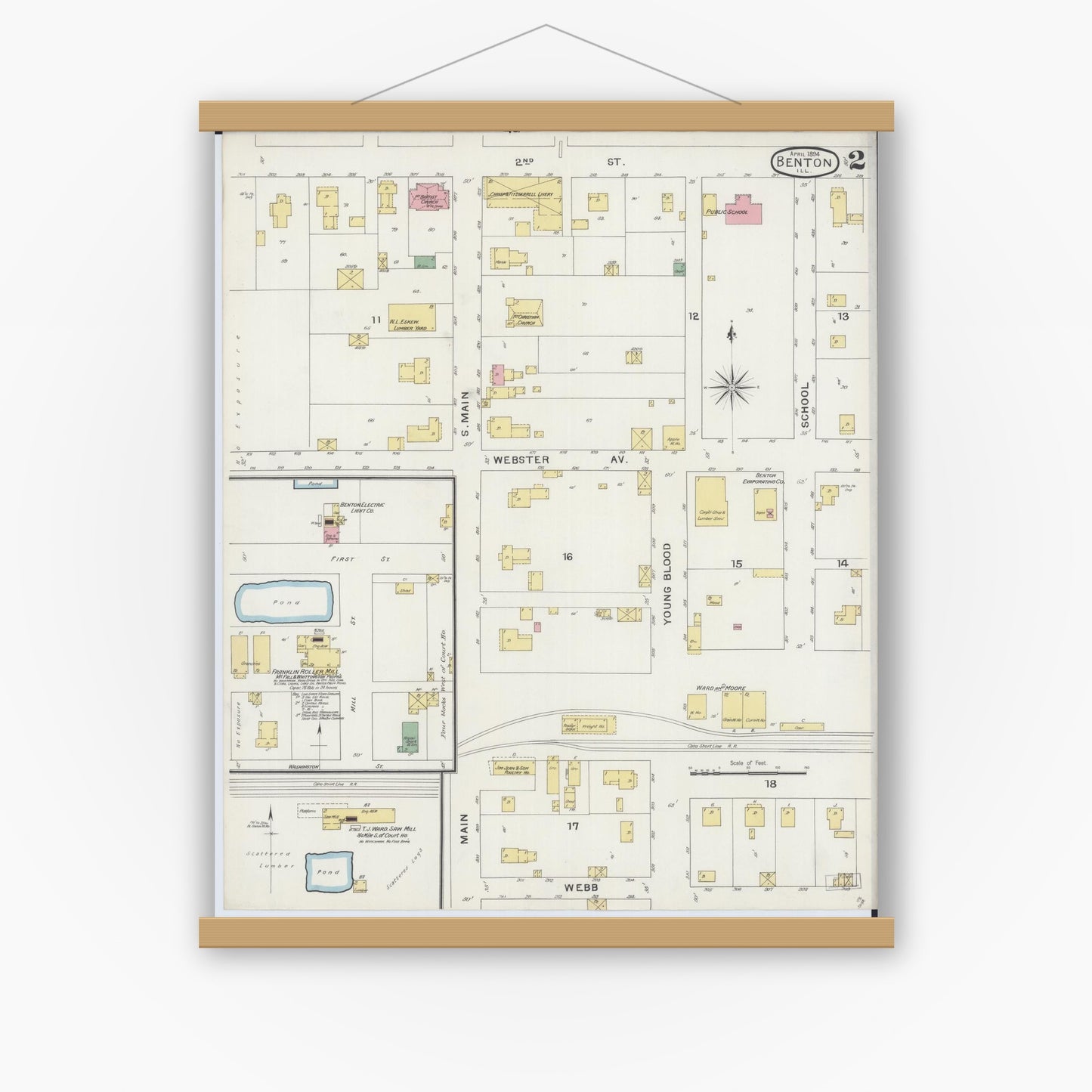 Old map wall art mockup — magnetic wood frame on white wall — Sanborn Fire Insurance Map from Benton, Franklin County, Illinois (1894), Sheet #0002