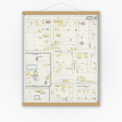 Old map wall art mockup — magnetic wood frame on white wall — Sanborn Fire Insurance Map from Benton, Franklin County, Illinois (1894), Sheet #0002