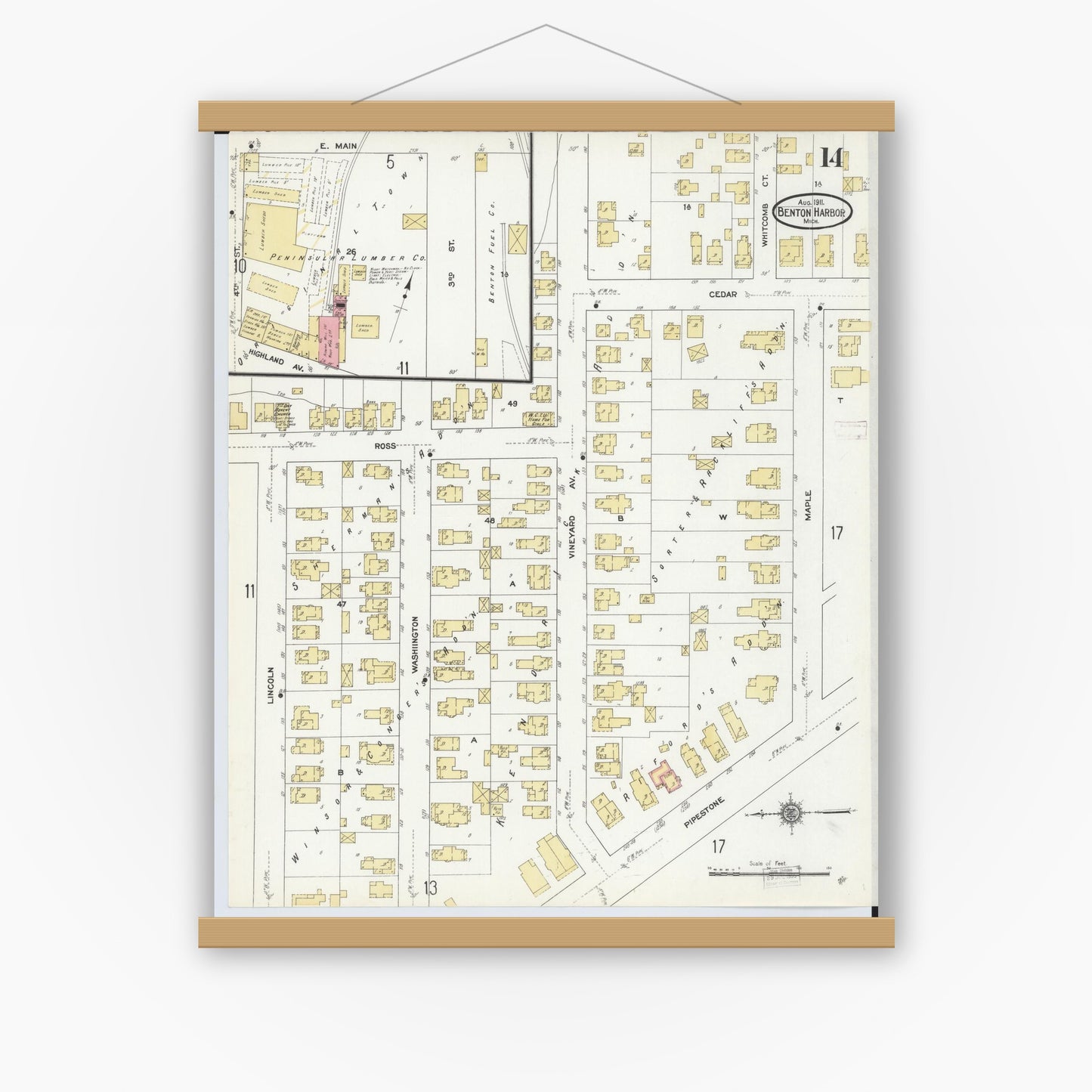 Old map wall art mockup — magnetic wood frame on white wall — Sanborn Fire Insurance Map from Benton Harbor, Berrien County, Michigan (1911), Sheet #0014