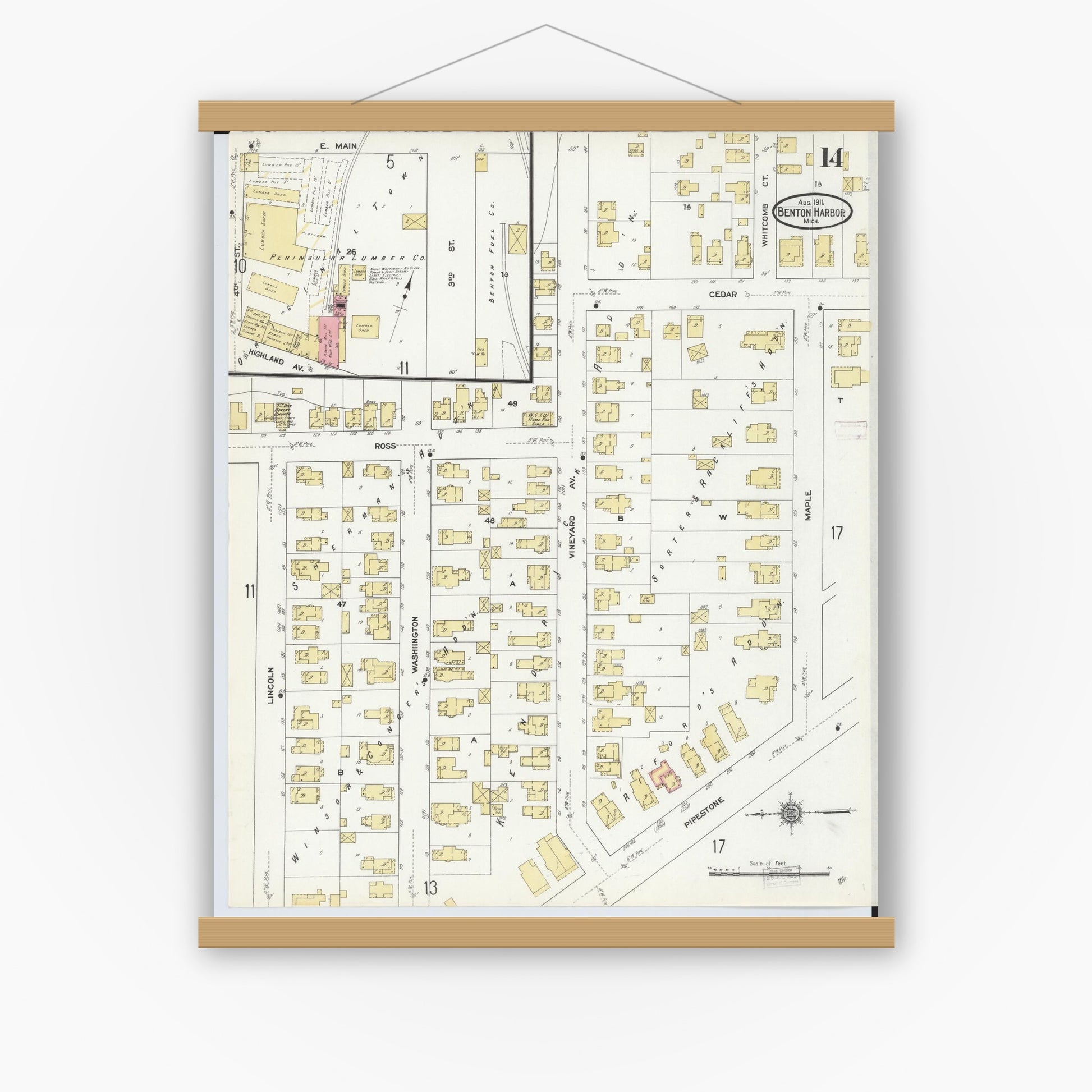 Old map wall art mockup — magnetic wood frame on white wall — Sanborn Fire Insurance Map from Benton Harbor, Berrien County, Michigan (1911), Sheet #0014
