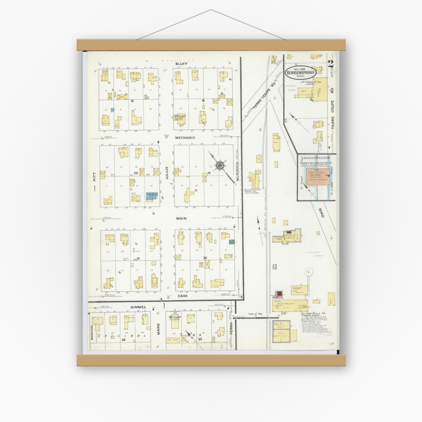 Old map wall art mockup — magnetic wood frame on white wall — Sanborn Fire Insurance Map from Berrien Springs, Berrien County, Michigan (1909), Sheet #0002