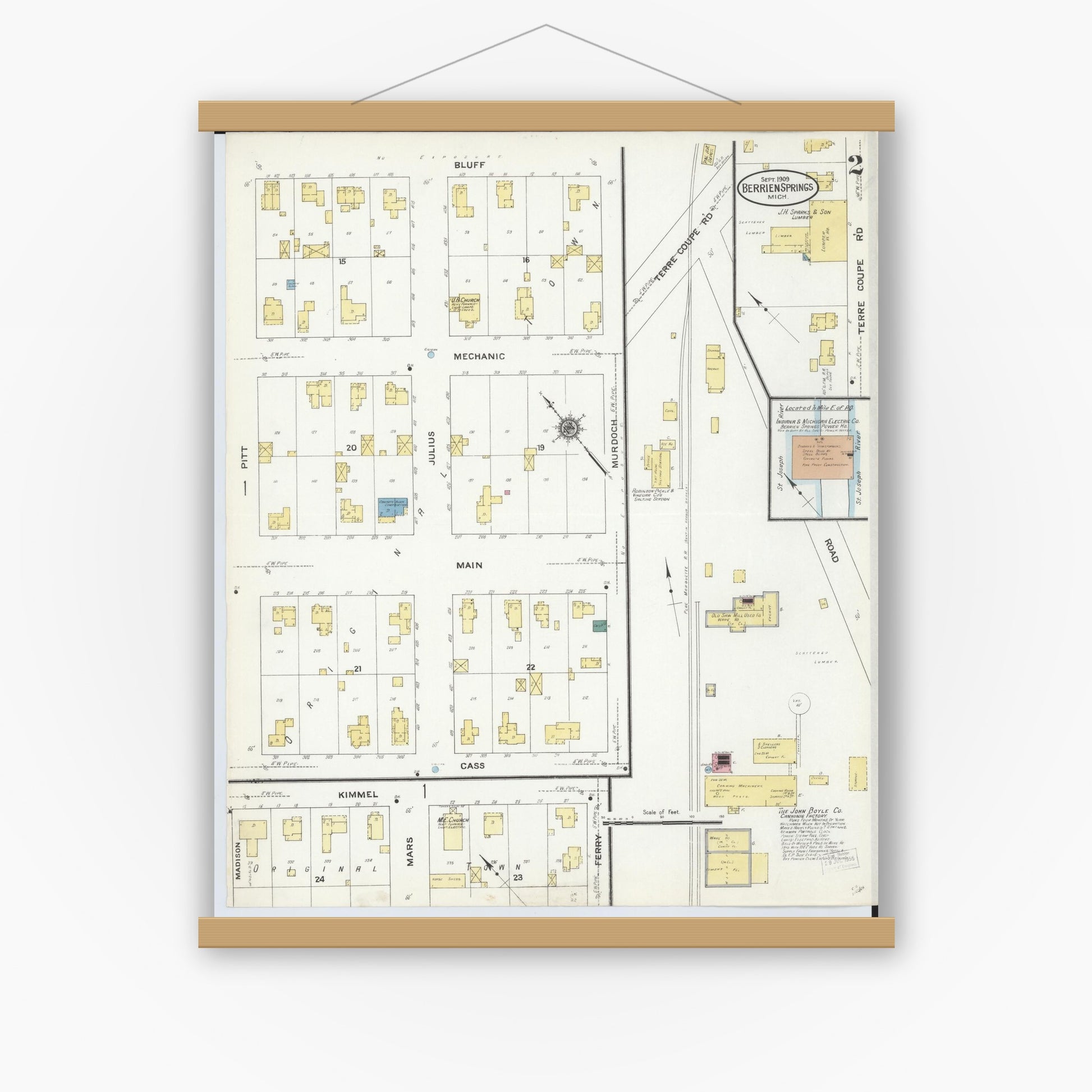 Old map wall art mockup — magnetic wood frame on white wall — Sanborn Fire Insurance Map from Berrien Springs, Berrien County, Michigan (1909), Sheet #0002