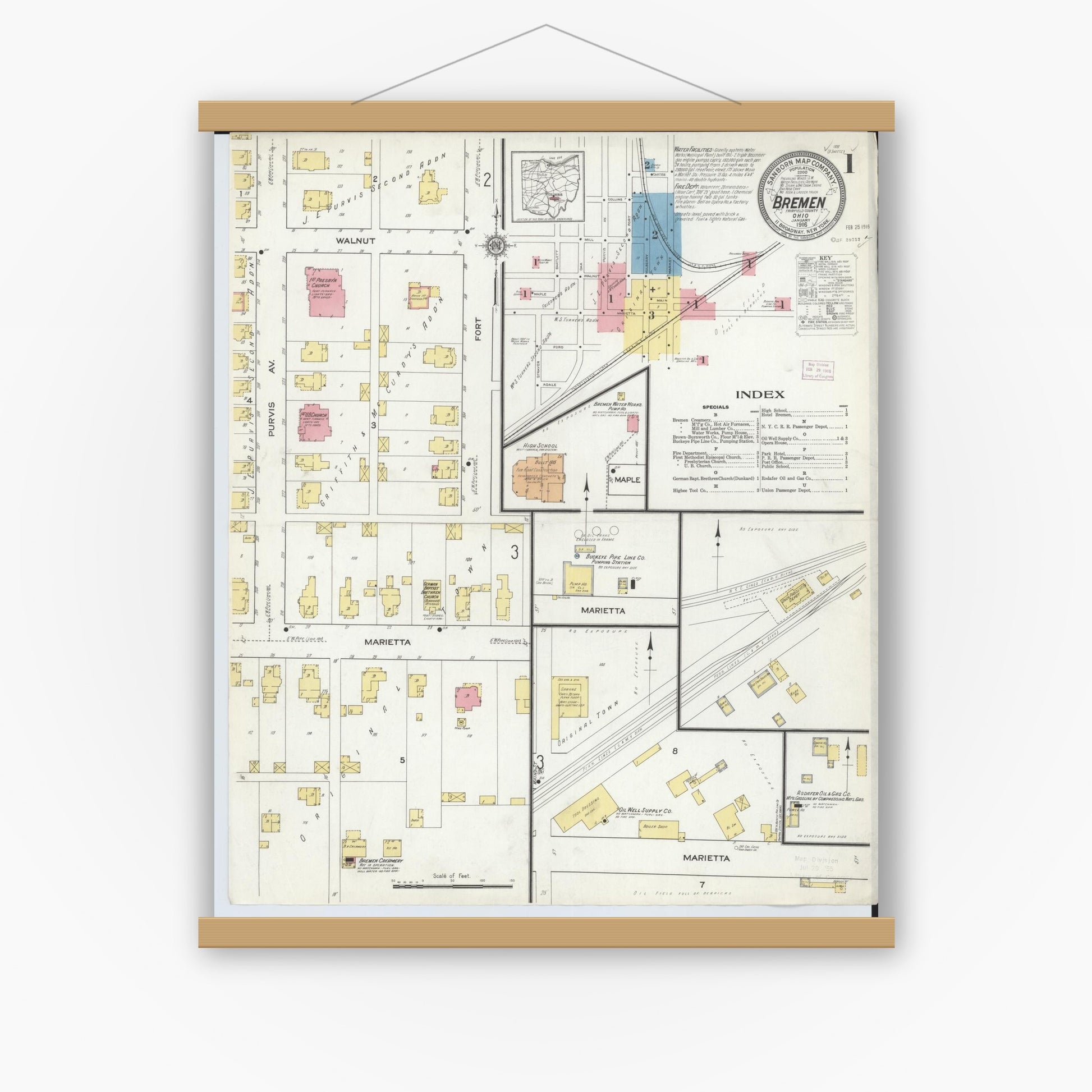 Old map wall art mockup — magnetic wood frame on white wall — Sanborn Fire Insurance Map from Bremen, Fairfield County, Ohio (1916), Sheet #0001