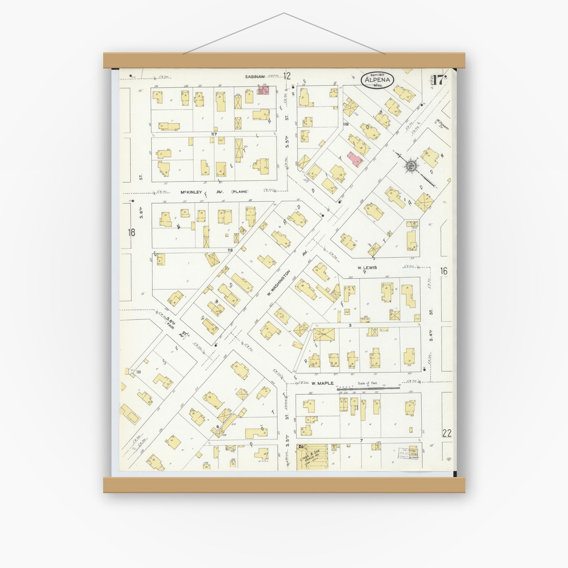 Old map wall art mockup — magnetic wood frame on white wall — Sanborn Fire Insurance Map from Alpena, Alpena County, Michigan (1910), Sheet #0017