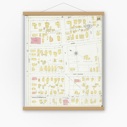 Old map wall art mockup — magnetic wood frame on white wall — Sanborn Fire Insurance Map from Flint, Genesee County, Michigan (1902), Sheet #0015