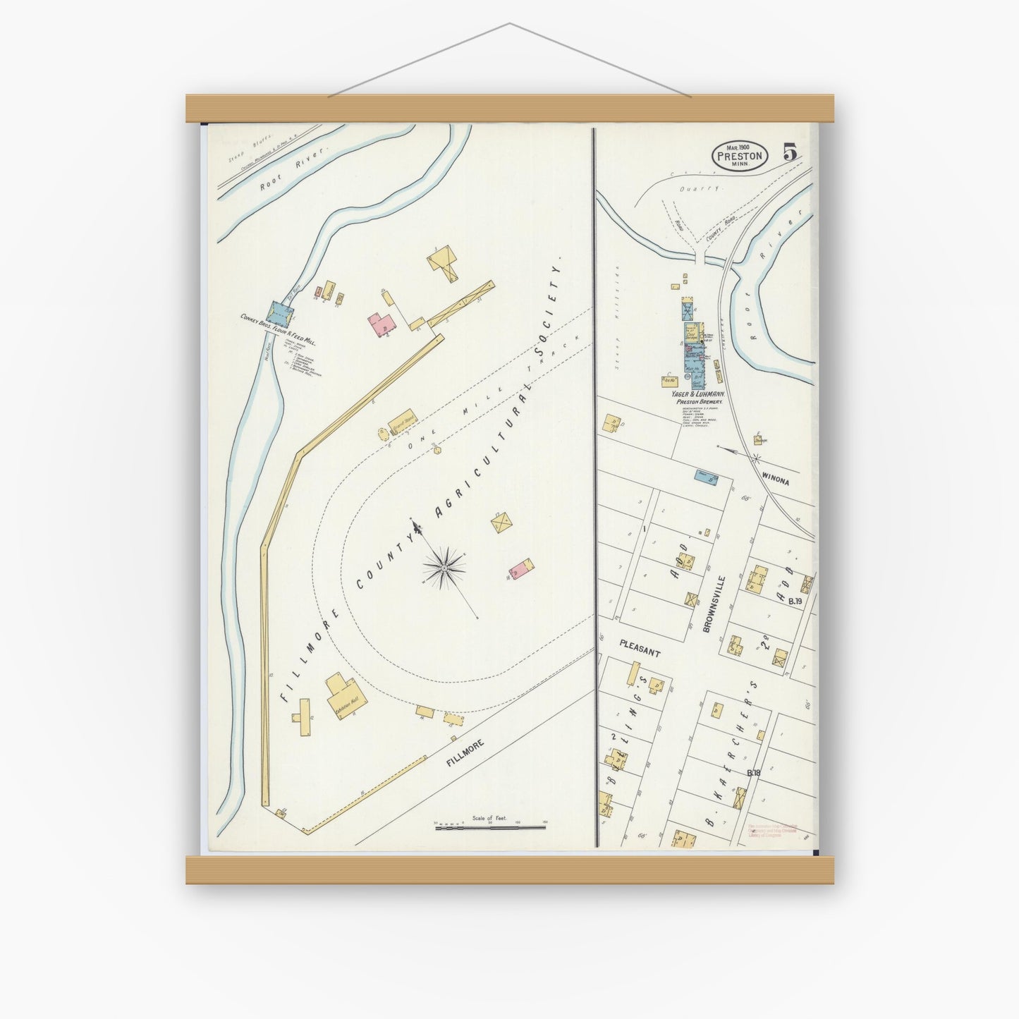 Old map wall art mockup — magnetic wood frame on white wall — Sanborn Fire Insurance Map from Preston, Fillmore County, Minnesota (1900), Sheet #0005