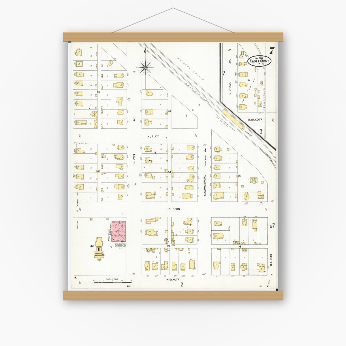 Old map wall art mockup — magnetic wood frame on white wall — Sanborn Fire Insurance Map from Eagle Grove, Wright County, Iowa (1906), Sheet #0007