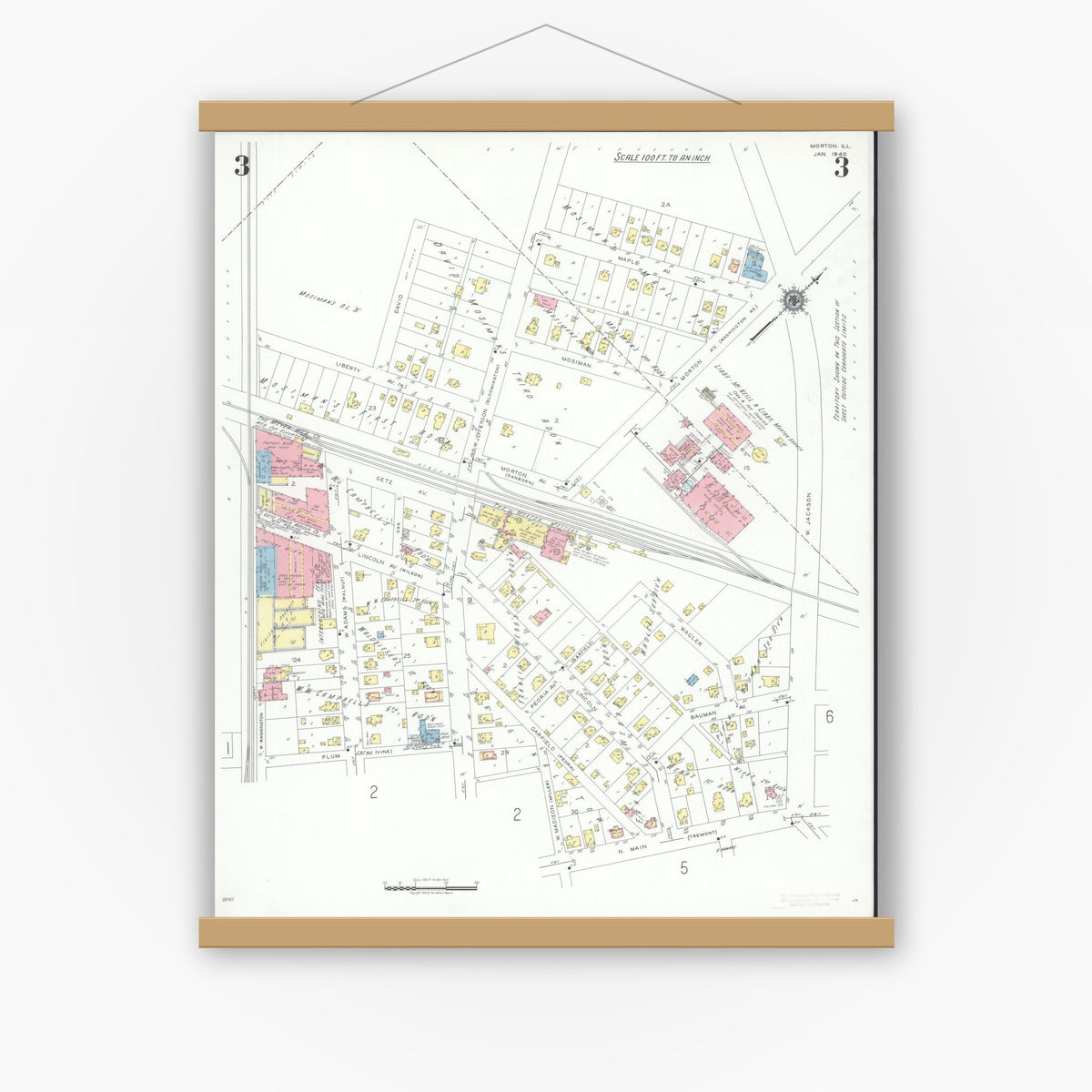 Old map wall art mockup — magnetic wood frame on white wall — Sanborn Fire Insurance Map from Morton, Tazewell County, Illinois (1940), Sheet #0003