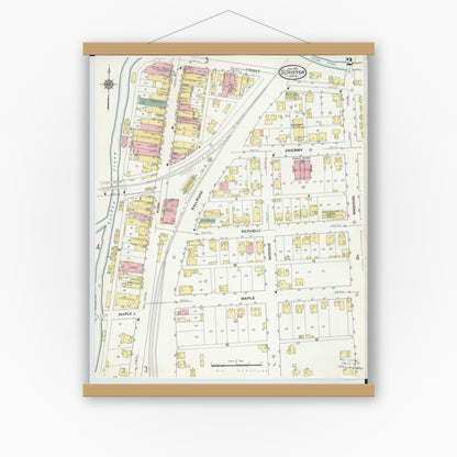 Old map wall art mockup — magnetic wood frame on white wall — Sanborn Fire Insurance Map from Glouster, Athens County, Ohio (1910), Sheet #0002