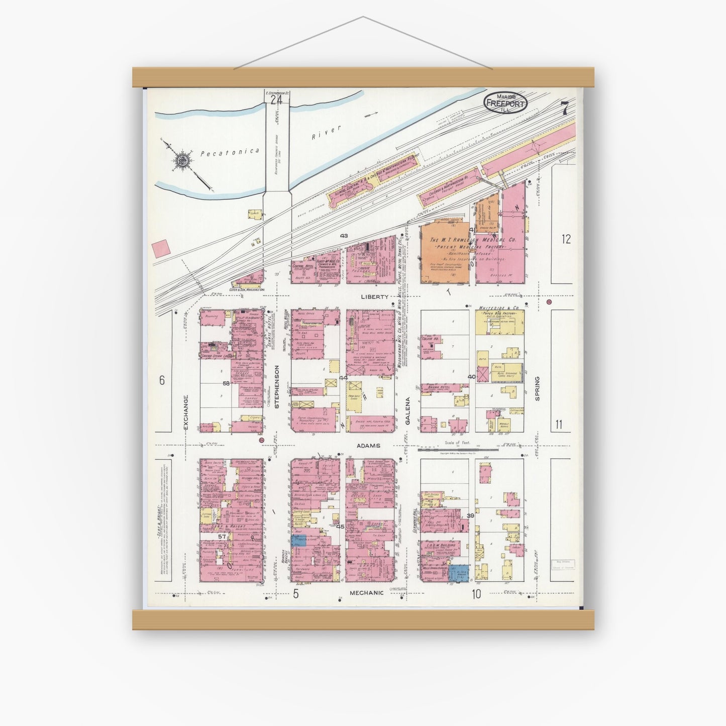 Old map wall art mockup — magnetic wood frame on white wall — Sanborn Fire Insurance Map from Freeport, Stephenson County, Illinois (1918), Sheet #0007