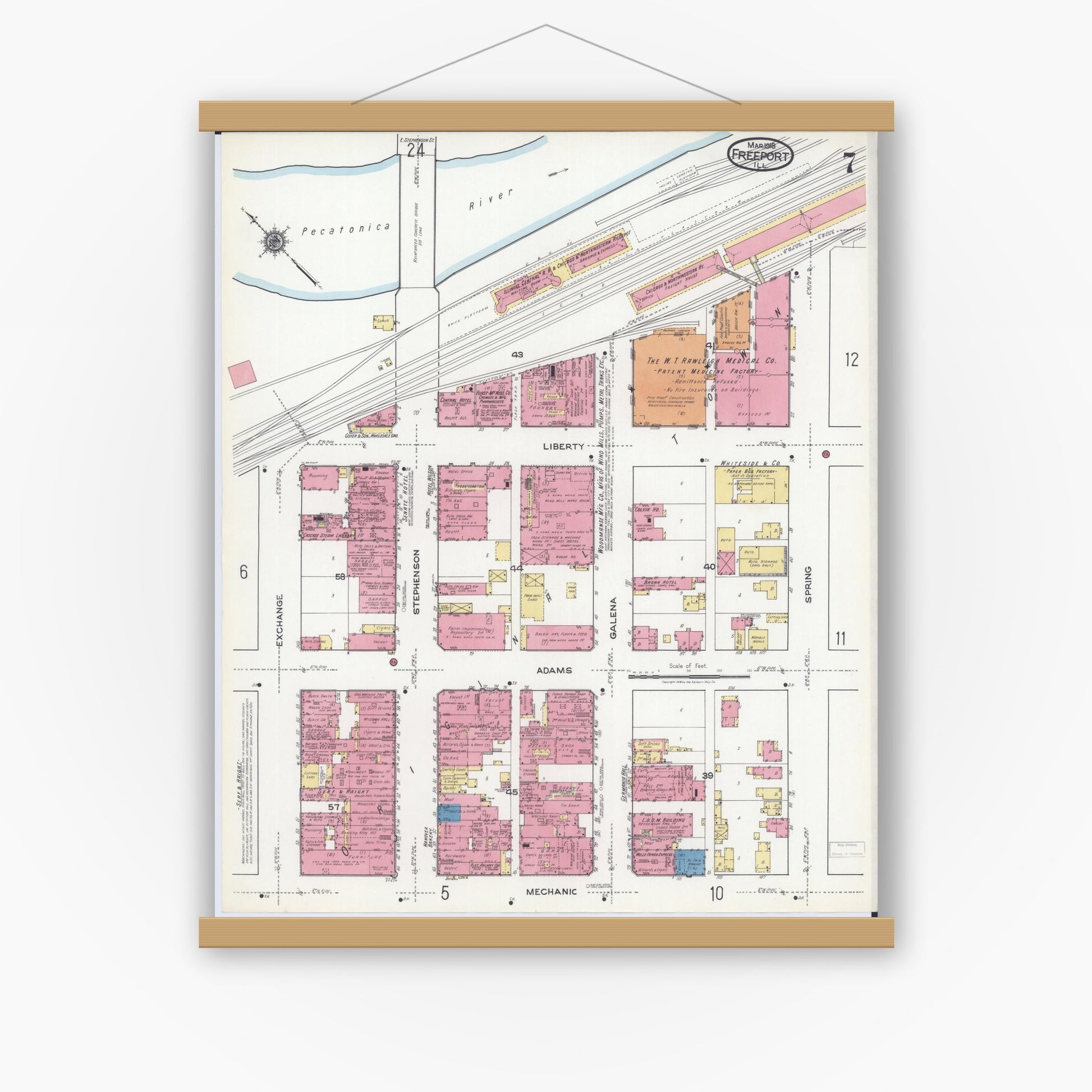 Old map wall art mockup — magnetic wood frame on white wall — Sanborn Fire Insurance Map from Freeport, Stephenson County, Illinois (1918), Sheet #0007