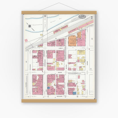 Old map wall art mockup — magnetic wood frame on white wall — Sanborn Fire Insurance Map from Freeport, Stephenson County, Illinois (1918), Sheet #0007