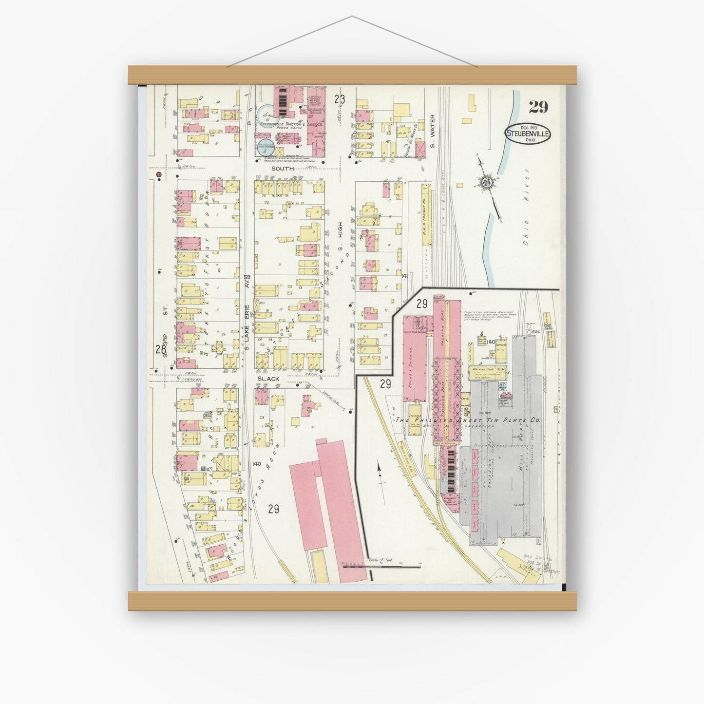 Old map wall art mockup — magnetic wood frame on white wall — Sanborn Fire Insurance Map from Steubenville, Jefferson County, Ohio (1913), Sheet #0029