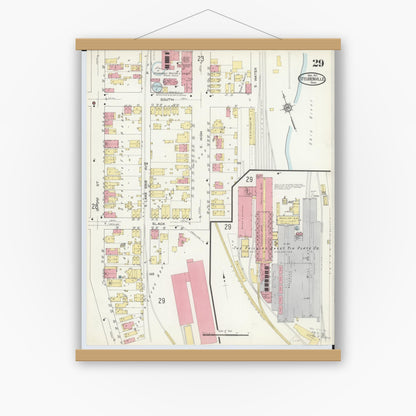 Old map wall art mockup — magnetic wood frame on white wall — Sanborn Fire Insurance Map from Steubenville, Jefferson County, Ohio (1913), Sheet #0029