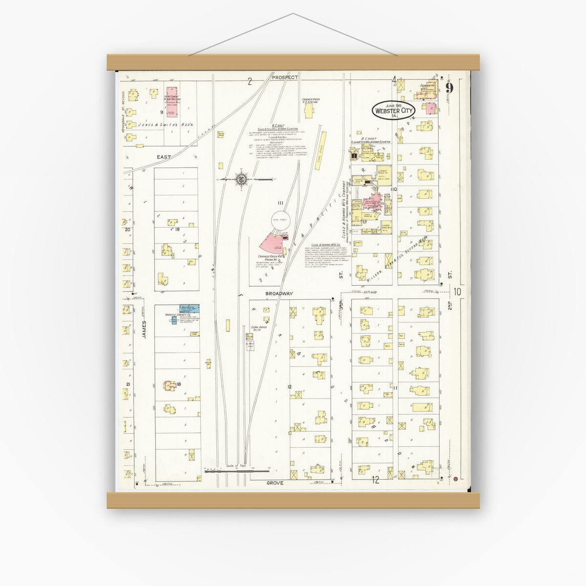 Old map wall art mockup — magnetic wood frame on white wall — Sanborn Fire Insurance Map from Webster City, Hamilton County, Iowa (1915), Sheet #0009