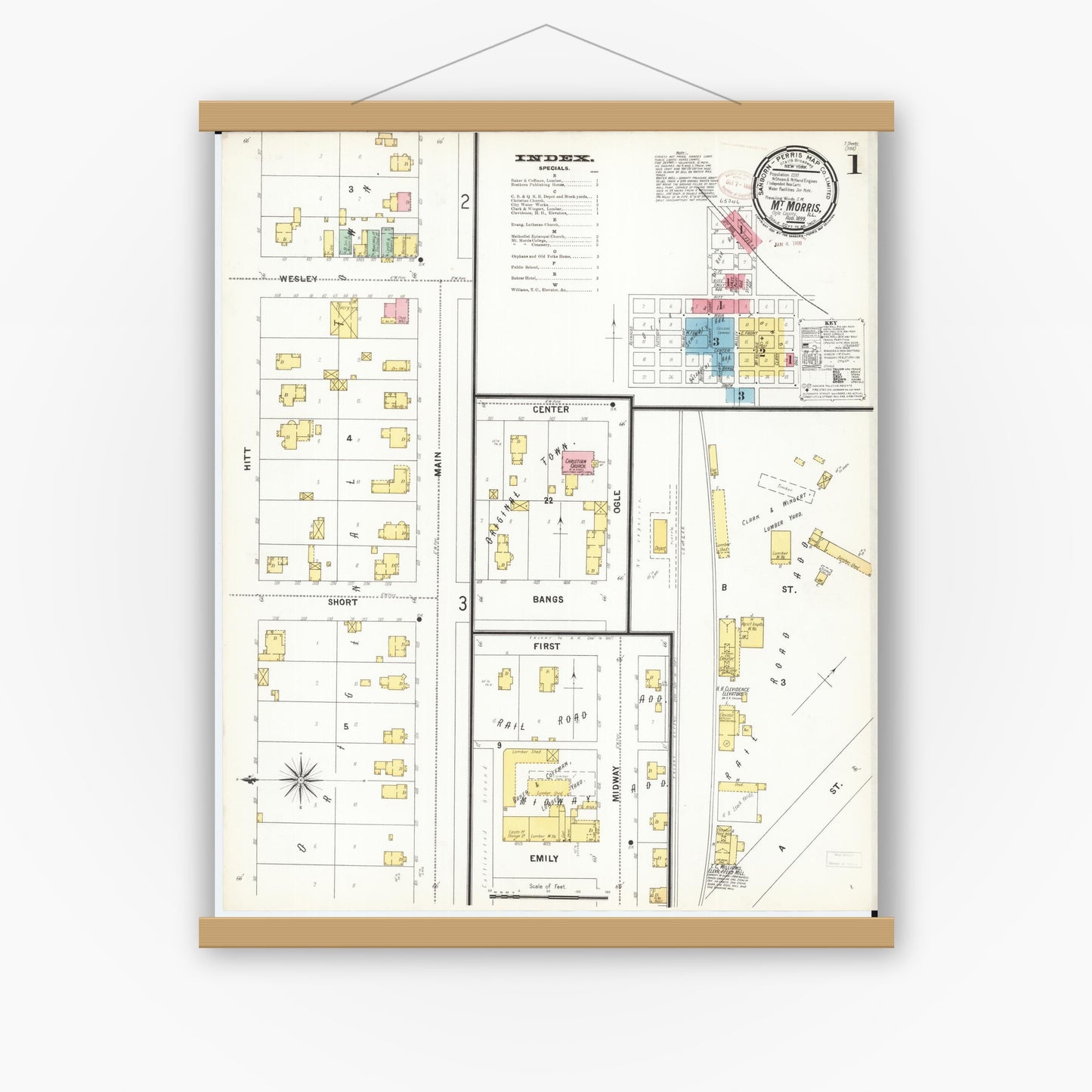 Old map wall art mockup — magnetic wood frame on white wall — Sanborn Fire Insurance Map from Mount Morris, Ogle County, Illinois (1899), Sheet #0001