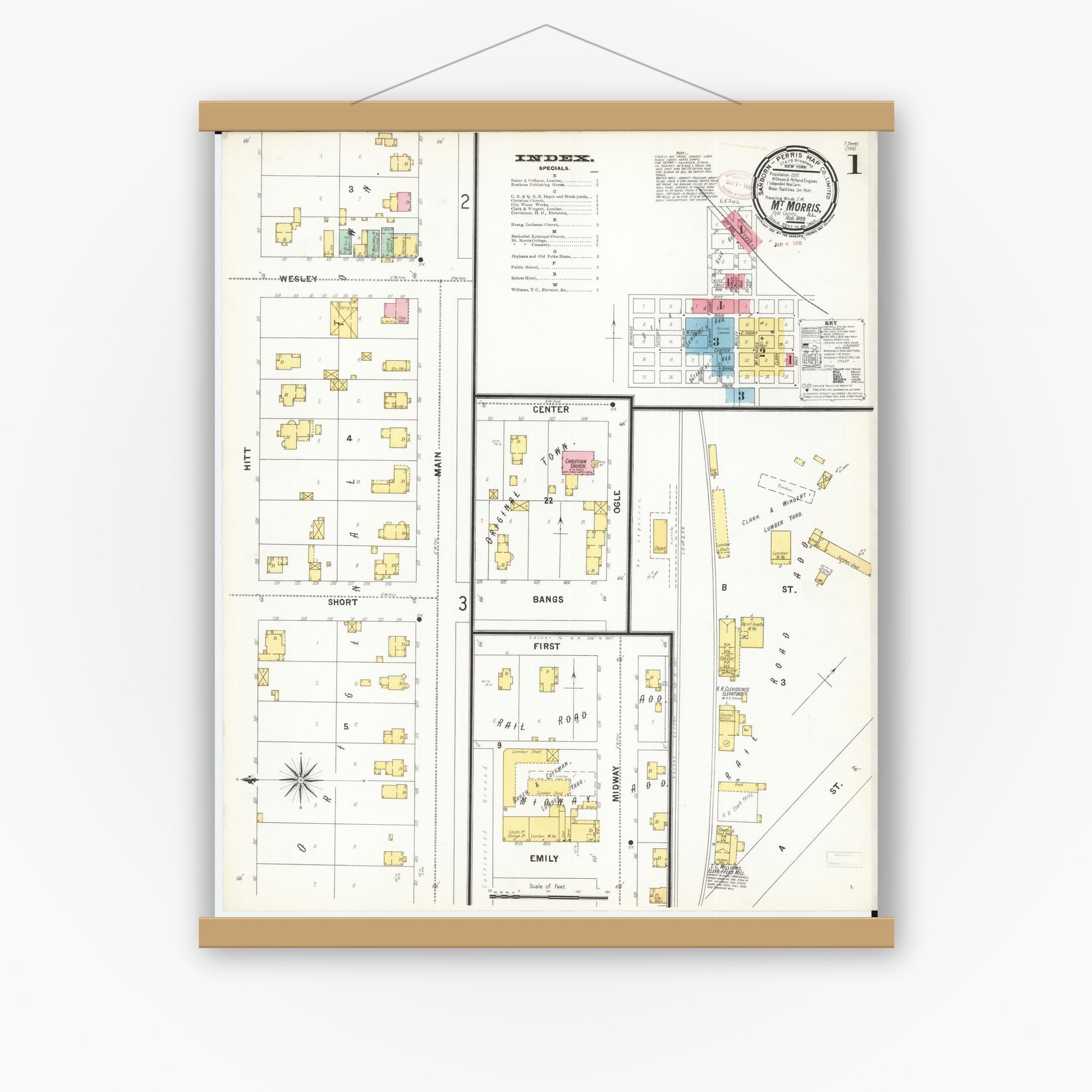 Old map wall art mockup — magnetic wood frame on white wall — Sanborn Fire Insurance Map from Mount Morris, Ogle County, Illinois (1899), Sheet #0001
