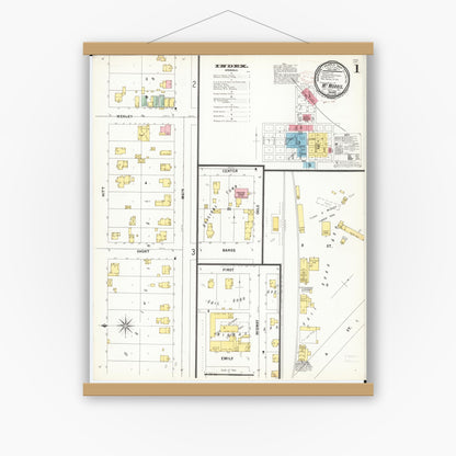 Old map wall art mockup — magnetic wood frame on white wall — Sanborn Fire Insurance Map from Mount Morris, Ogle County, Illinois (1899), Sheet #0001