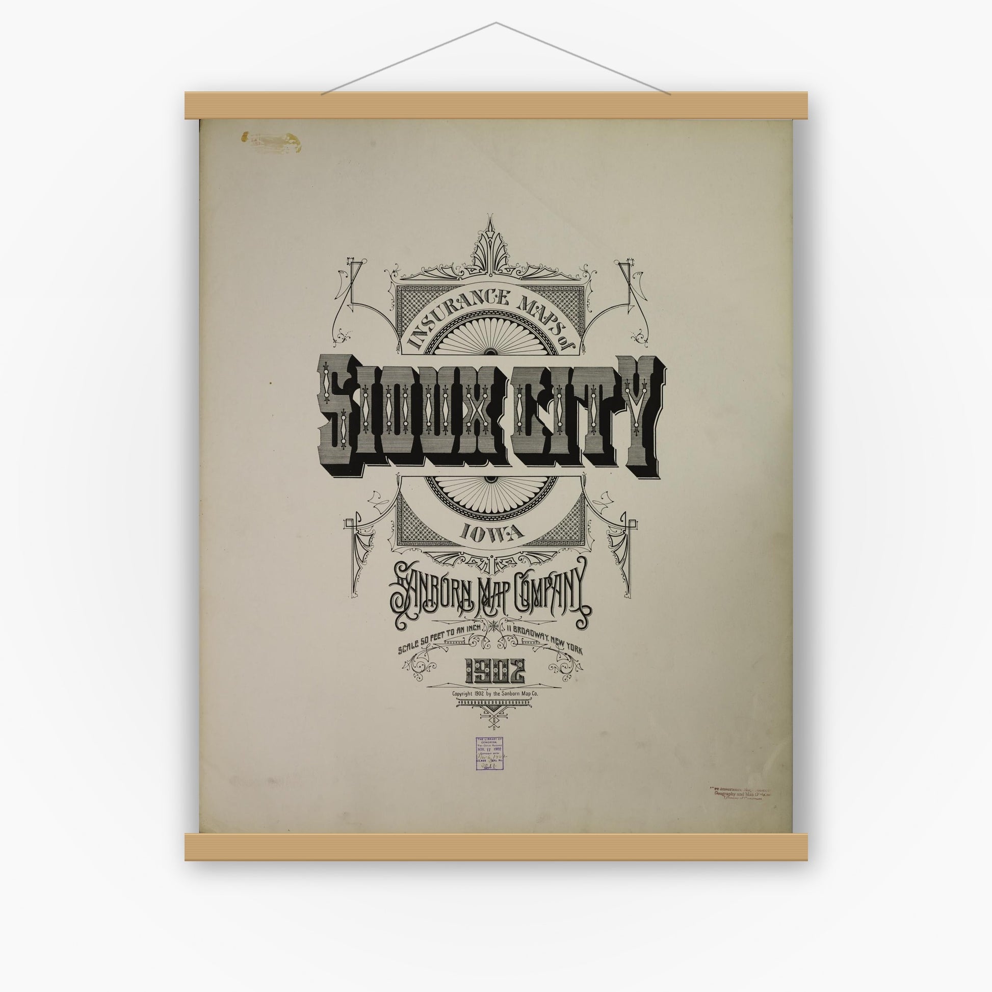 Old map wall art mockup — magnetic wood frame on white wall — Sanborn Fire Insurance Map from Sioux City, Woodbury County, Iowa (1902), Sheet #0001