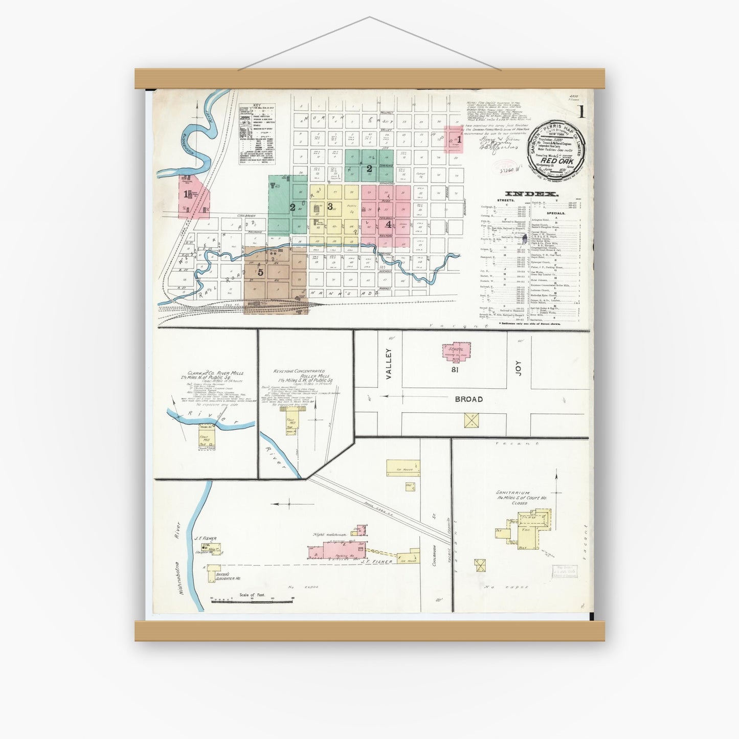 Old map wall art mockup — magnetic wood frame on white wall — Sanborn Fire Insurance Map from Red Oak, Montgomery County, Iowa (1891), Sheet #0001