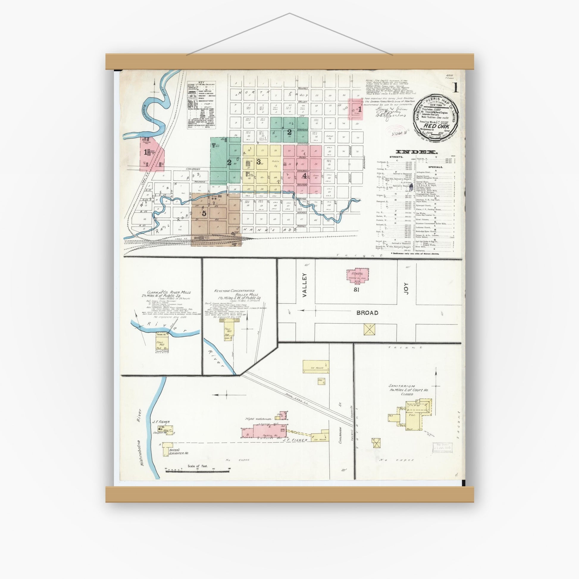 Old map wall art mockup — magnetic wood frame on white wall — Sanborn Fire Insurance Map from Red Oak, Montgomery County, Iowa (1891), Sheet #0001
