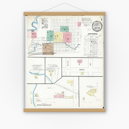 Old map wall art mockup — magnetic wood frame on white wall — Sanborn Fire Insurance Map from Red Oak, Montgomery County, Iowa (1891), Sheet #0001