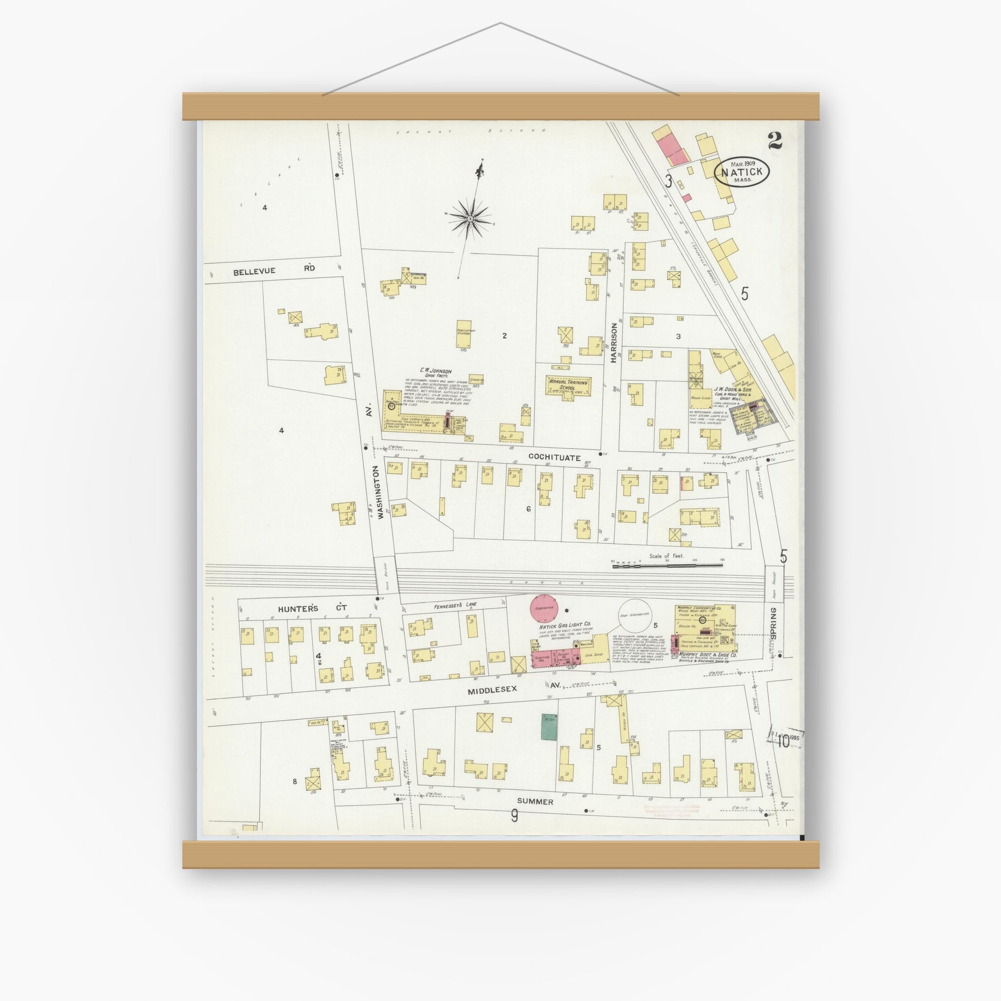Old map wall art mockup — magnetic wood frame on white wall — Sanborn Fire Insurance Map from Natick, Middlesex County, Massachusetts (1909), Sheet #0002