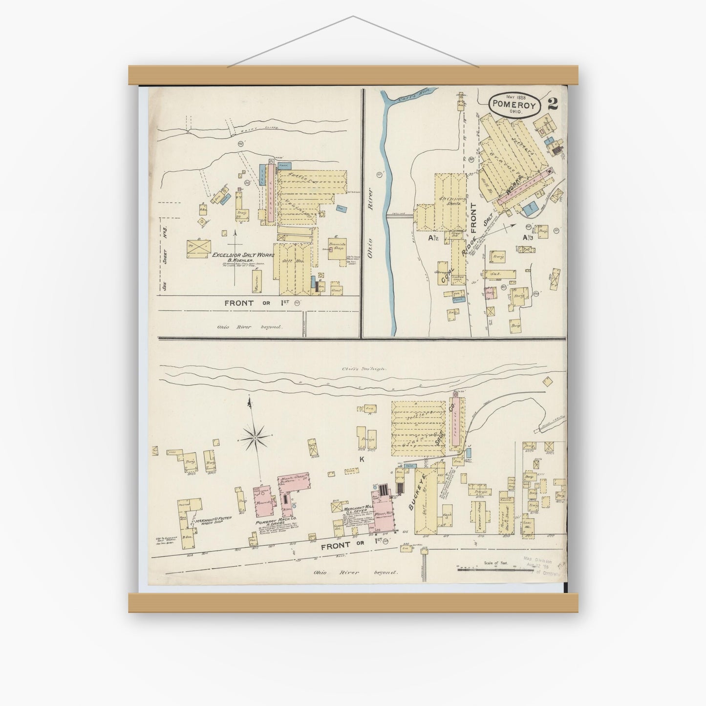 Old map wall art mockup — magnetic wood frame on white wall — Sanborn Fire Insurance Map from Pomeroy, Meigs County, Ohio (1888), Sheet #0002