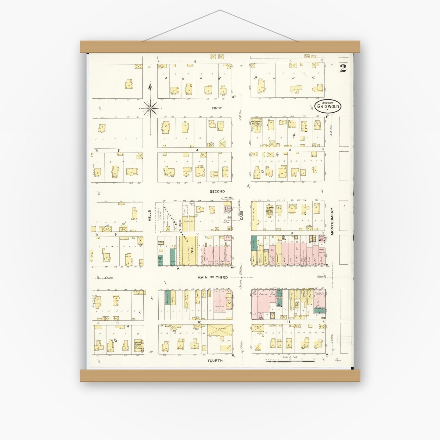 Old map wall art mockup — magnetic wood frame on white wall — Sanborn Fire Insurance Map from Griswold, Cass County, Iowa (1909), Sheet #0002