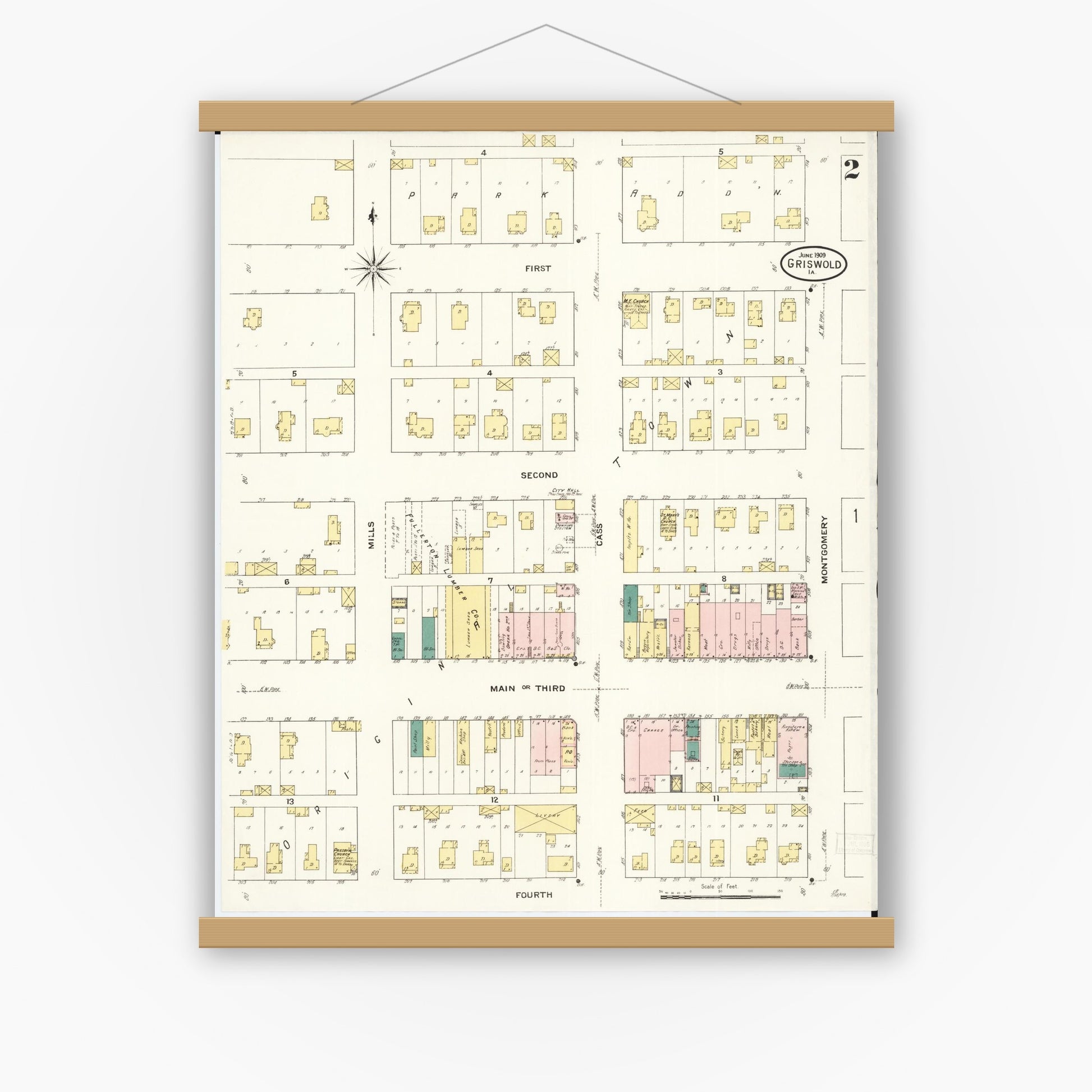 Old map wall art mockup — magnetic wood frame on white wall — Sanborn Fire Insurance Map from Griswold, Cass County, Iowa (1909), Sheet #0002