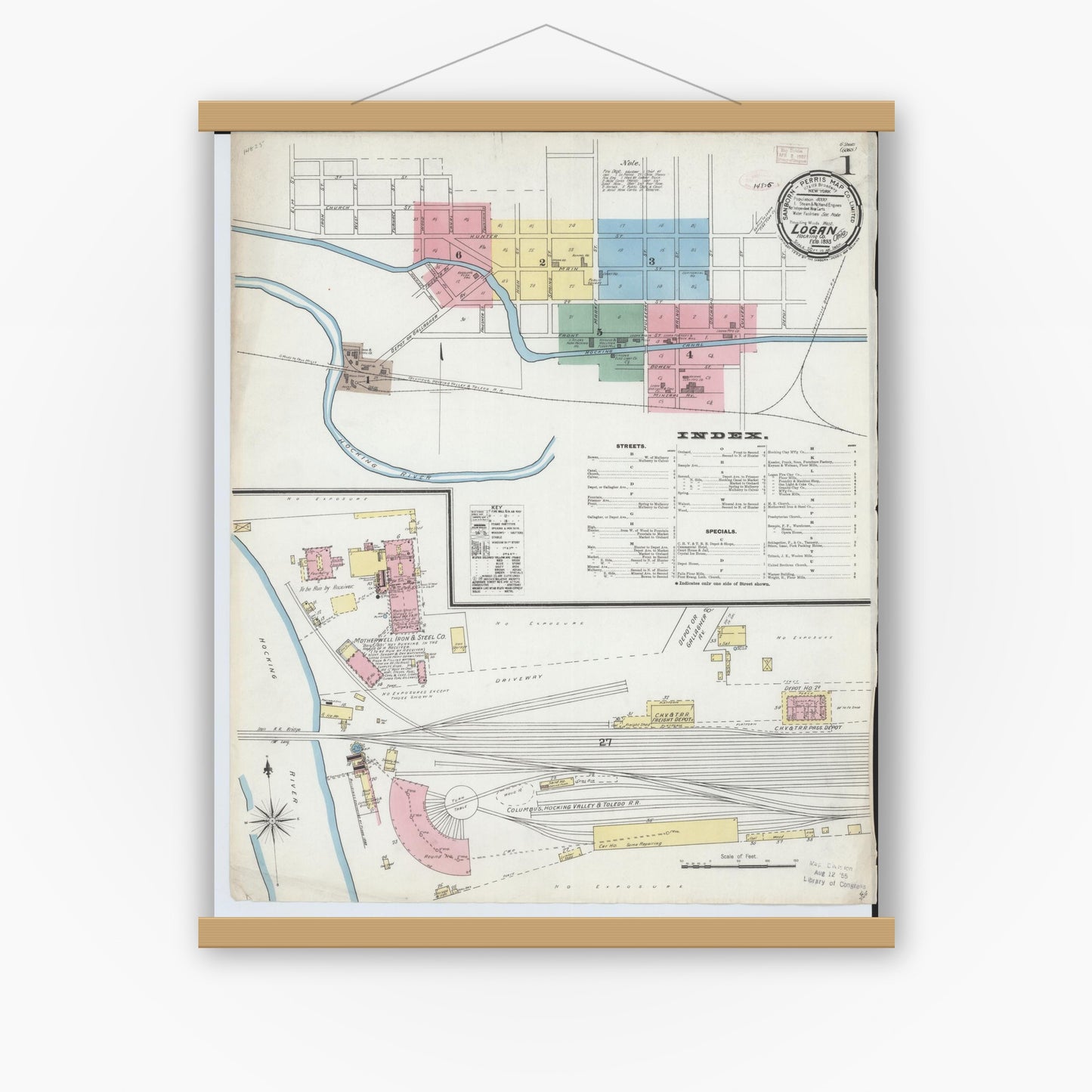 Old map wall art mockup — magnetic wood frame on white wall — Sanborn Fire Insurance Map from Logan, Hocking County, Ohio (1893), Sheet #0001