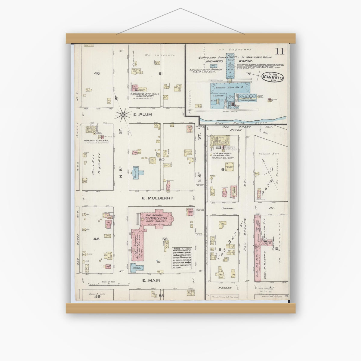 Old map wall art mockup — magnetic wood frame on white wall — Sanborn Fire Insurance Map from Mankato, Blue Earth County, Minnesota (1884), Sheet #0011