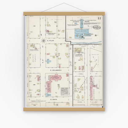 Old map wall art mockup — magnetic wood frame on white wall — Sanborn Fire Insurance Map from Mankato, Blue Earth County, Minnesota (1884), Sheet #0011