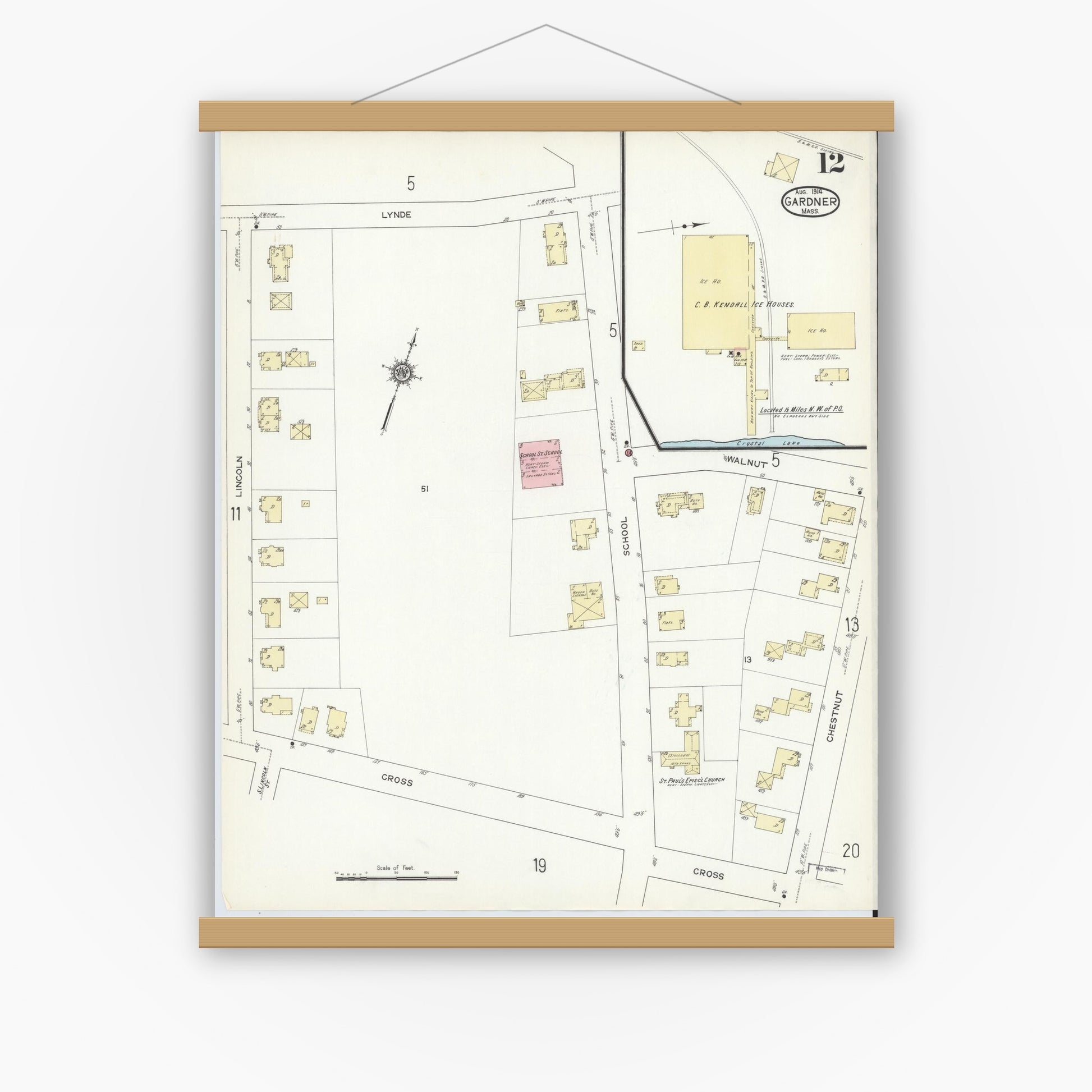 Old map wall art mockup — magnetic wood frame on white wall — Sanborn Fire Insurance Map from Gardner, Worcester County, Massachusetts (1914), Sheet #0012