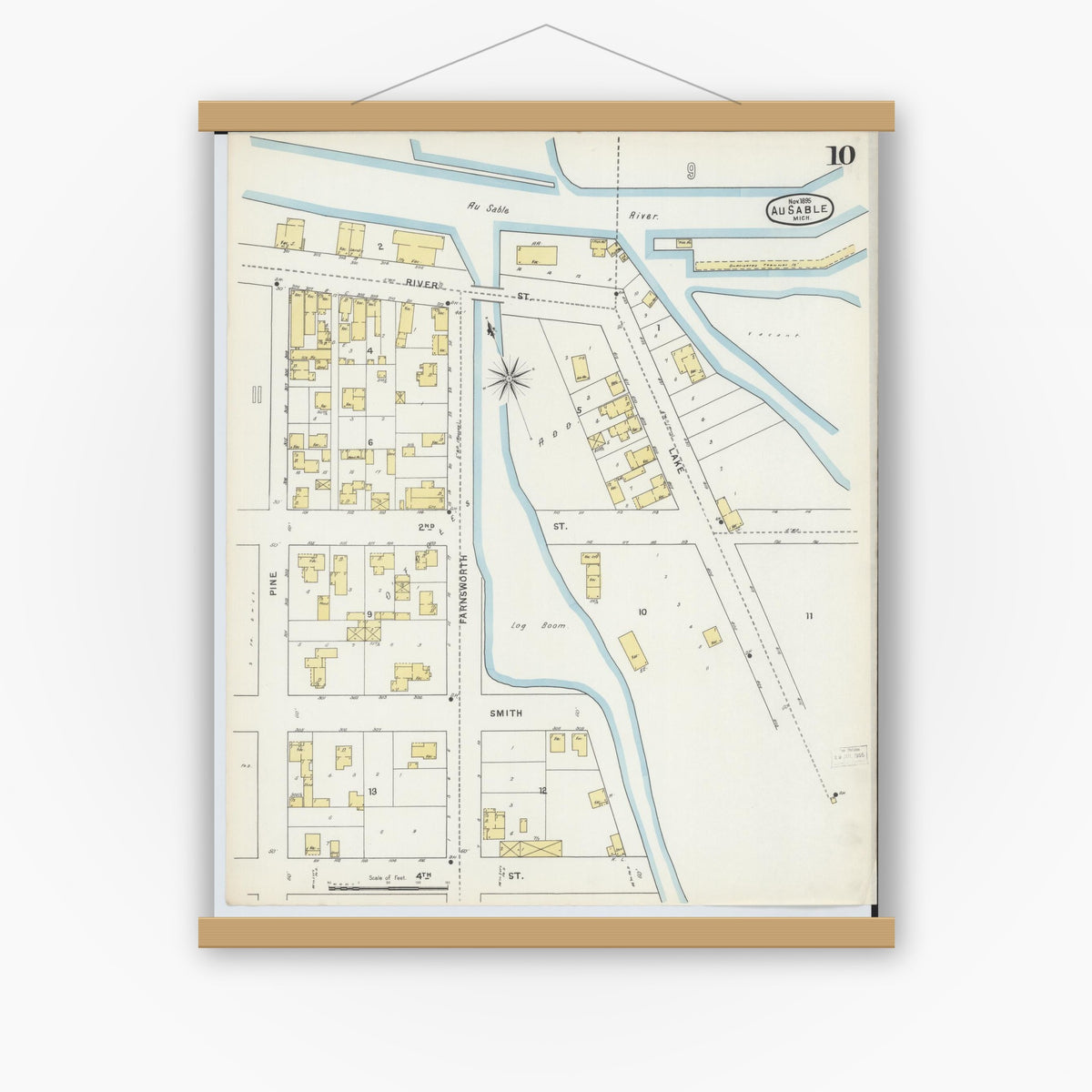 Old map wall art mockup — magnetic wood frame on white wall — Sanborn Fire Insurance Map from Oscoda, Iosco County, Michigan (1895), Sheet #0010