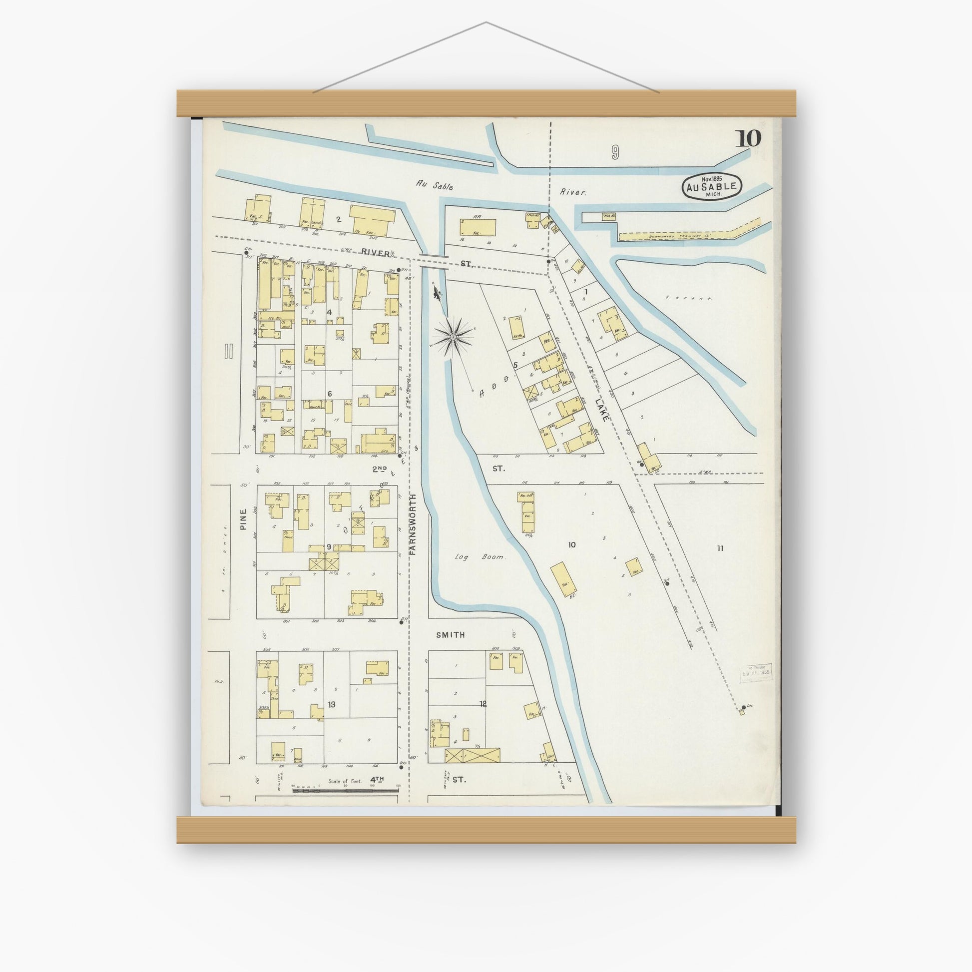 Old map wall art mockup — magnetic wood frame on white wall — Sanborn Fire Insurance Map from Oscoda, Iosco County, Michigan (1895), Sheet #0010