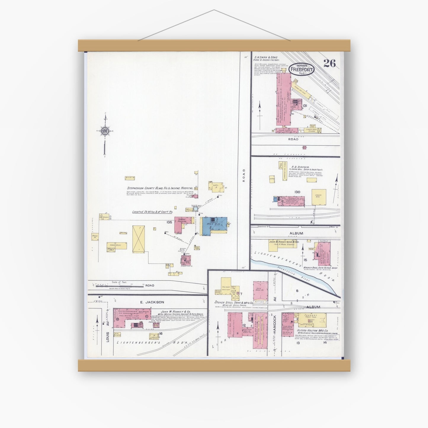 Old map wall art mockup — magnetic wood frame on white wall — Sanborn Fire Insurance Map from Freeport, Stephenson County, Illinois (1918), Sheet #0026
