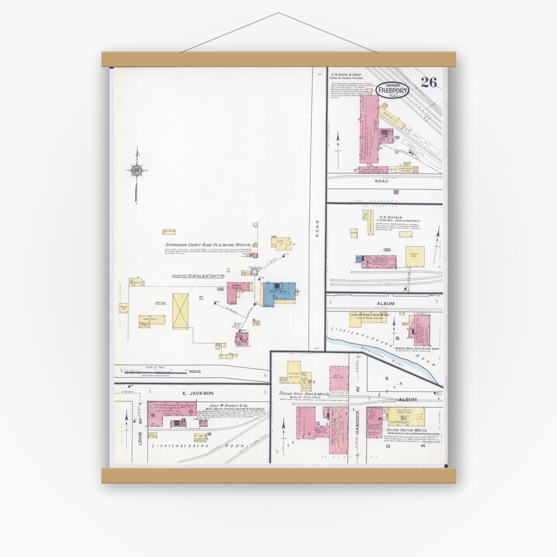 Old map wall art mockup — magnetic wood frame on white wall — Sanborn Fire Insurance Map from Freeport, Stephenson County, Illinois (1918), Sheet #0026