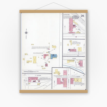 Old map wall art mockup — magnetic wood frame on white wall — Sanborn Fire Insurance Map from Freeport, Stephenson County, Illinois (1918), Sheet #0026