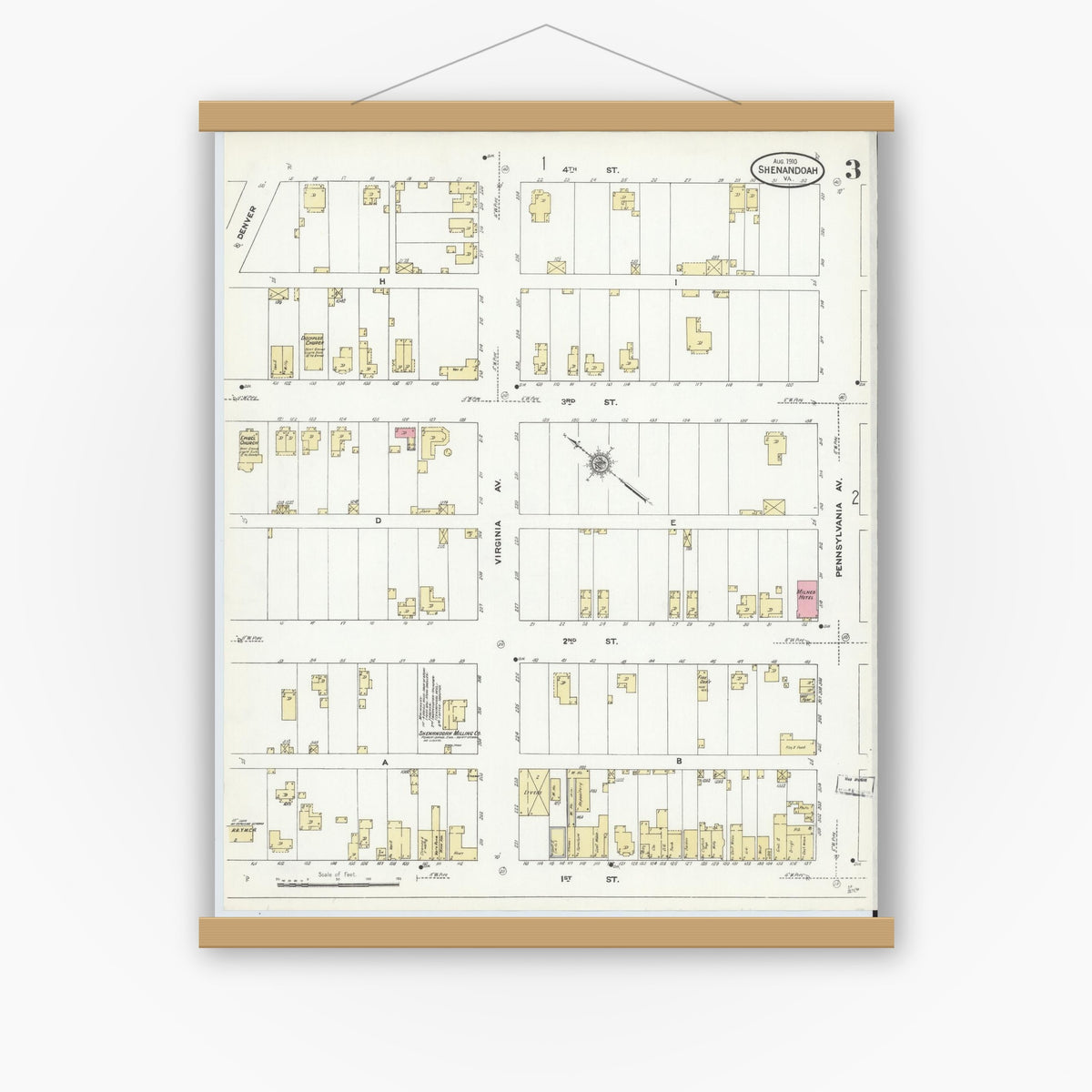 Old map wall art mockup — magnetic wood frame on white wall — Sanborn Fire Insurance Map from Shenandoah, Page County, Virginia (1910), Sheet #0003