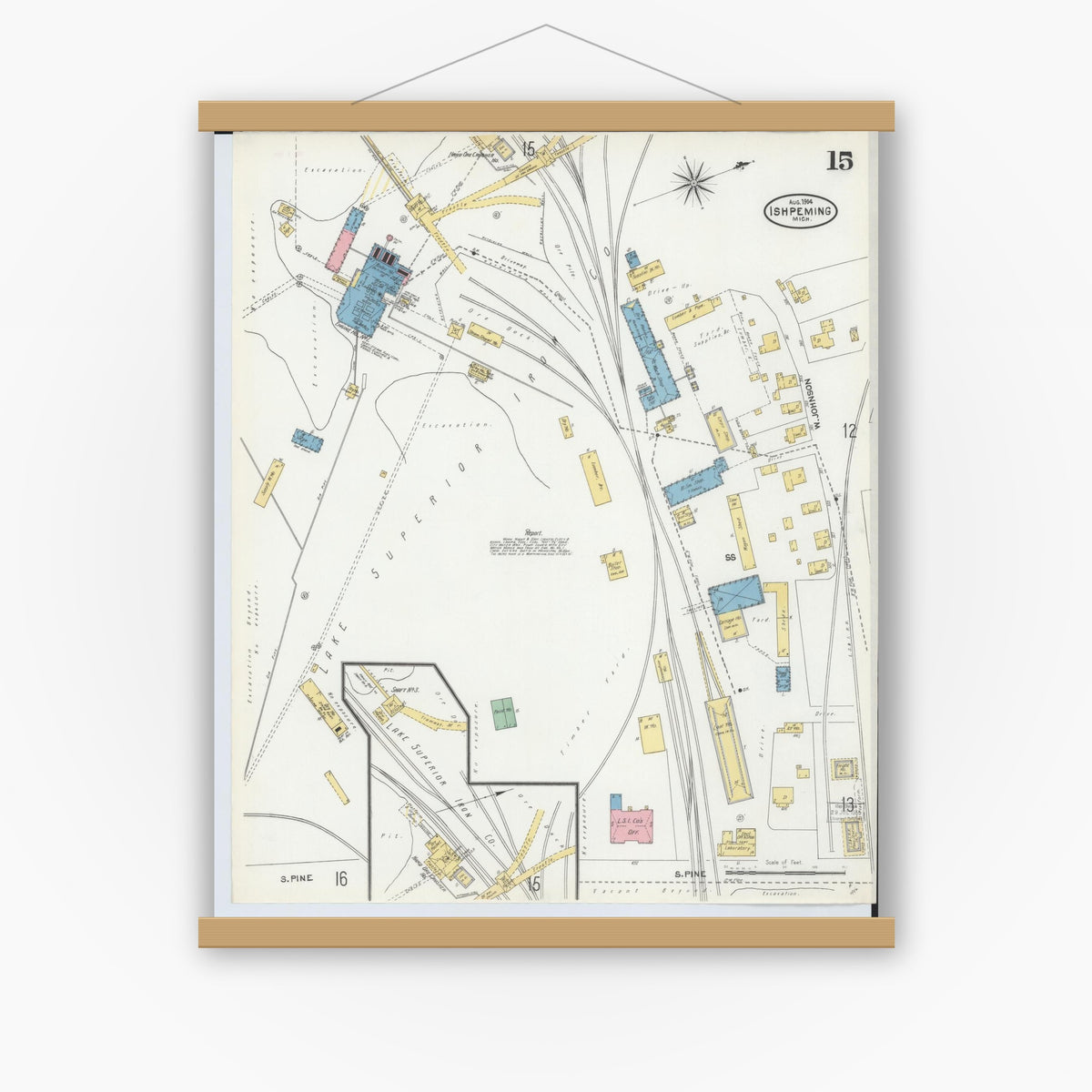 Old map wall art mockup — magnetic wood frame on white wall — Sanborn Fire Insurance Map from Ishpeming, Marquette County, Michigan (1904), Sheet #0015
