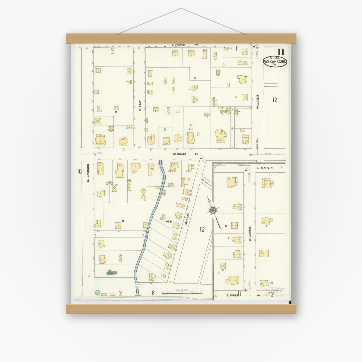 Old map wall art mockup — magnetic wood frame on white wall — Sanborn Fire Insurance Map from Waxahachie, Ellis County, Texas (1909), Sheet #0011