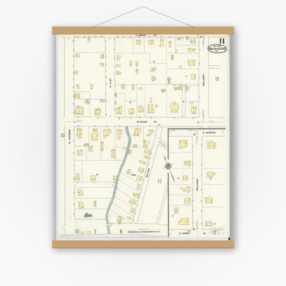 Old map wall art mockup — magnetic wood frame on white wall — Sanborn Fire Insurance Map from Waxahachie, Ellis County, Texas (1909), Sheet #0011