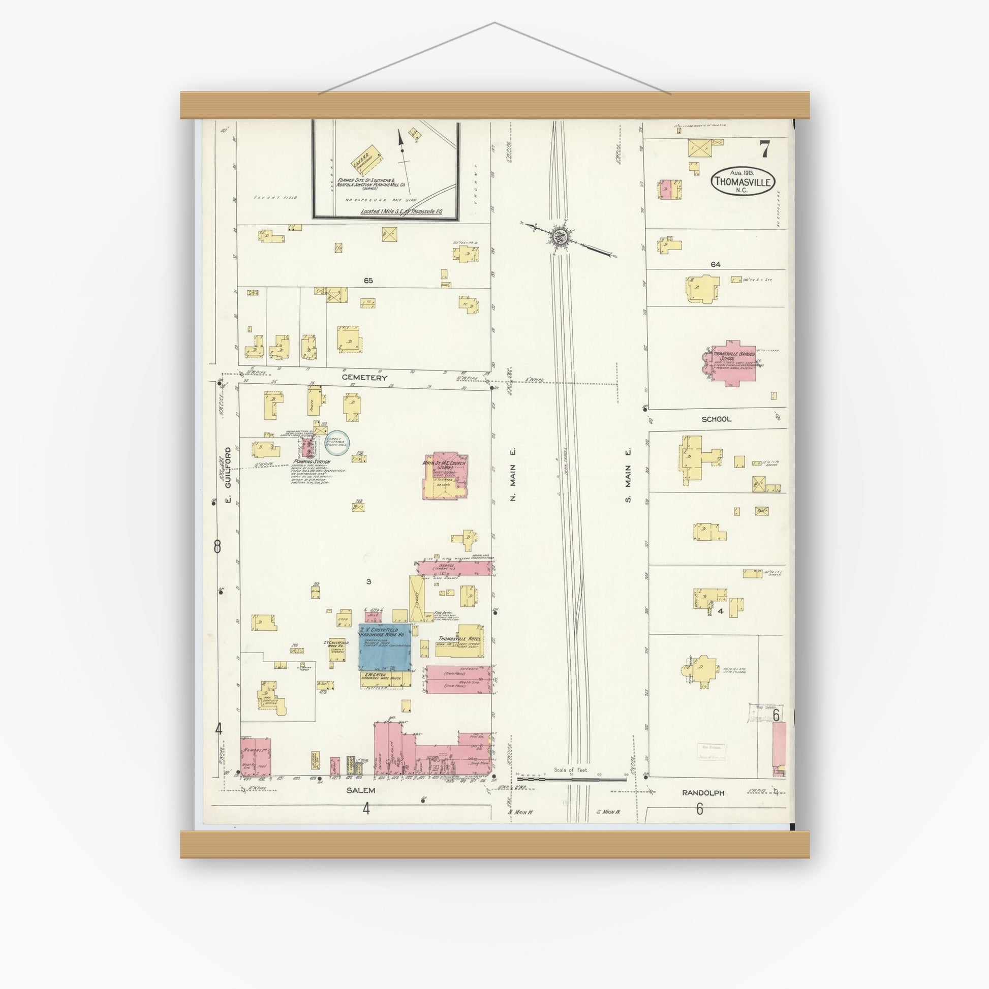 Old map wall art mockup — magnetic wood frame on white wall — Sanborn Fire Insurance Map from Thomasville, Davidson County, North Carolina (1913), Sheet #0007
