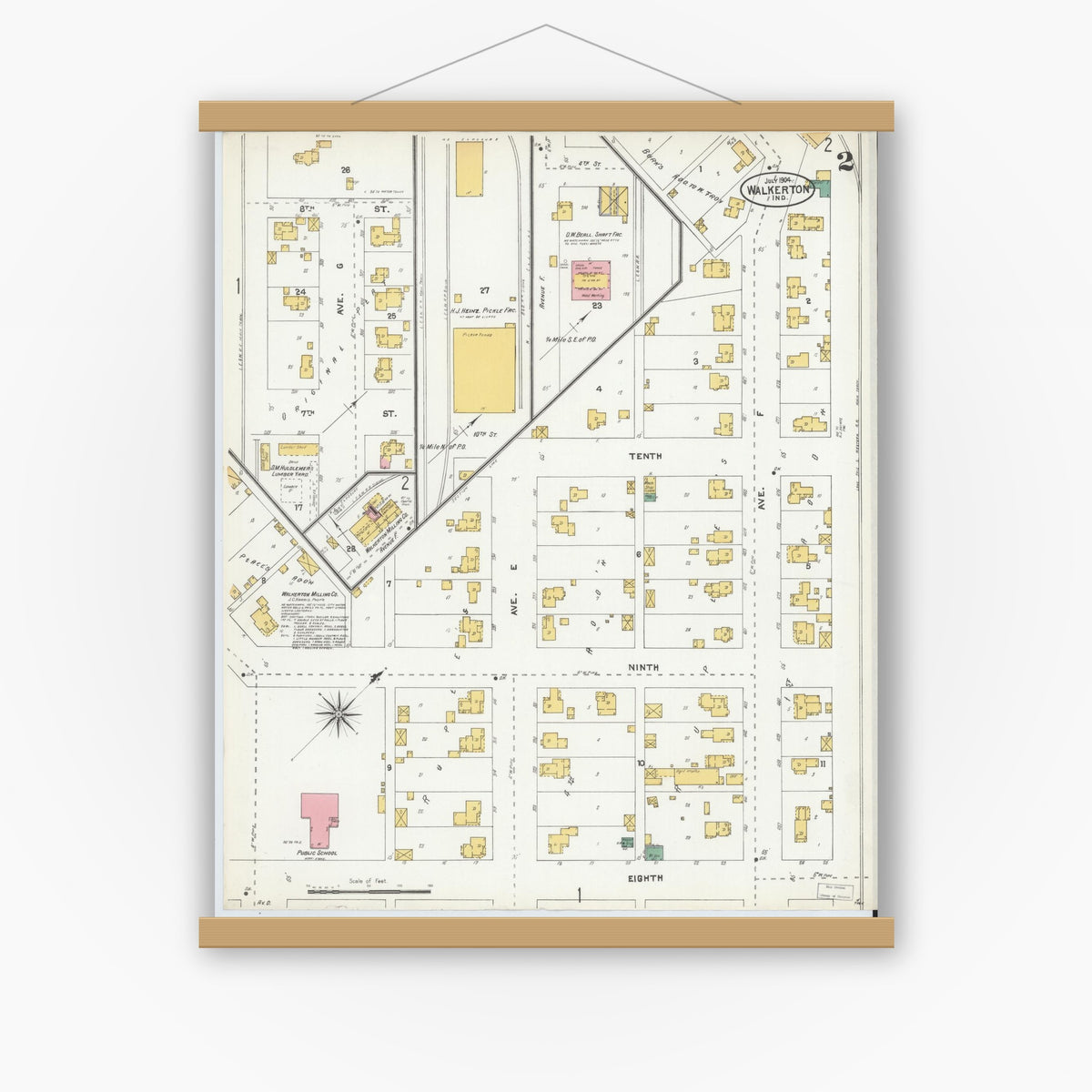 Old map wall art mockup — magnetic wood frame on white wall — Sanborn Fire Insurance Map from Walkerton, Saint Joseph County, Indiana (1904), Sheet #0002