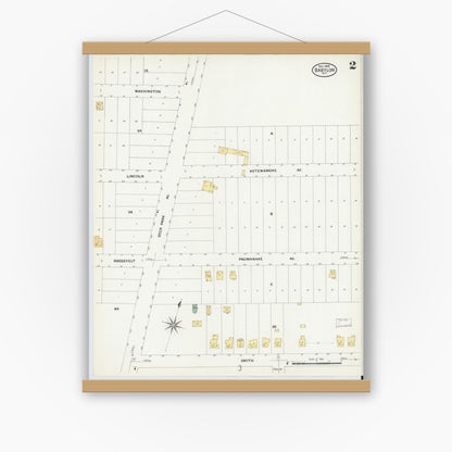 Old map wall art mockup — magnetic wood frame on white wall — Sanborn Fire Insurance Map from Babylon, Suffolk County, New York (1908), Sheet #0002
