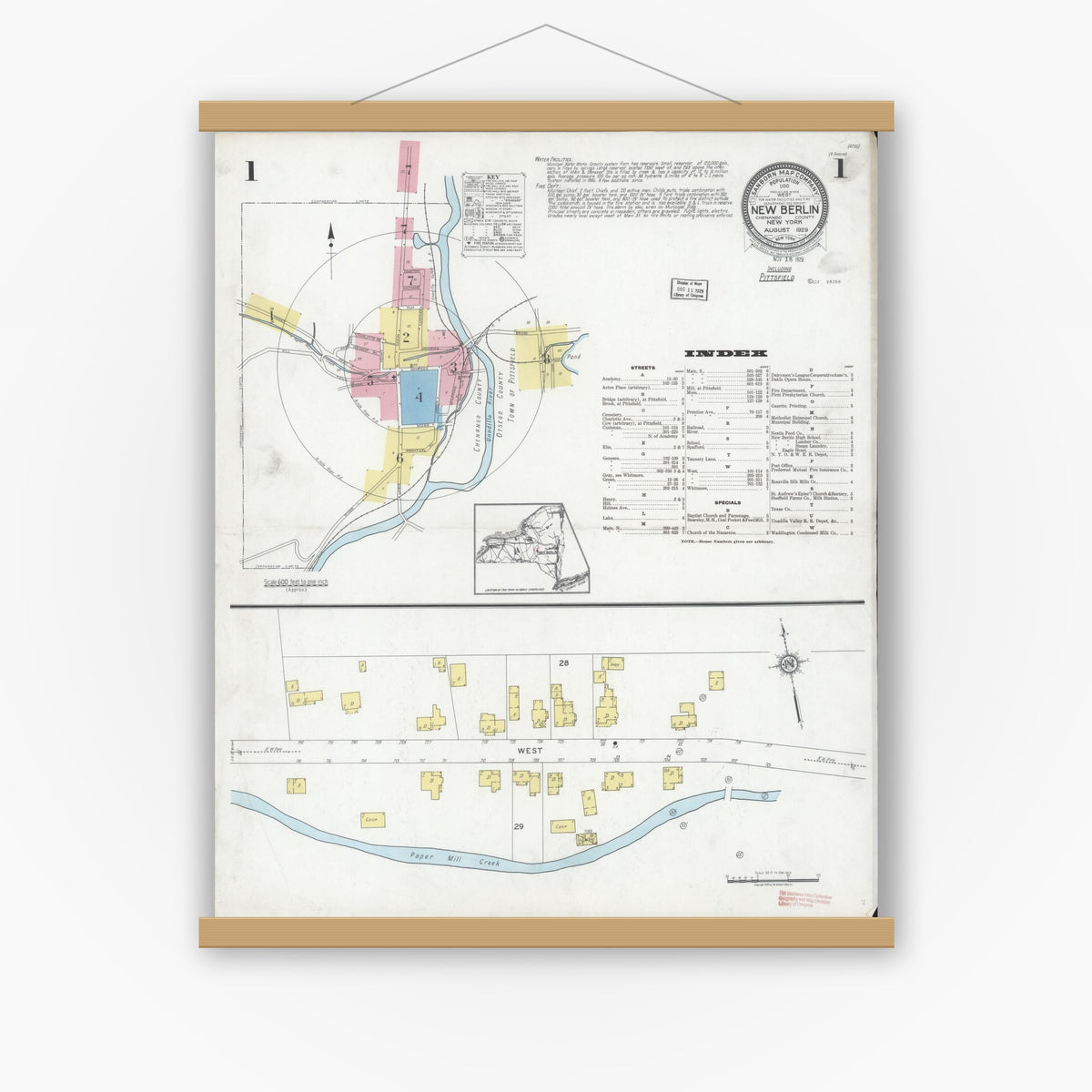 Old map wall art mockup — magnetic wood frame on white wall — Sanborn Fire Insurance Map from New Berlin, Chenango County, New York (1929) - Complete Map Set
