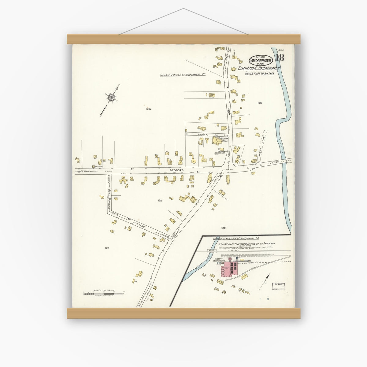 Old map wall art mockup — magnetic wood frame on white wall — Sanborn Fire Insurance Map from Bridgewater, Plymouth County, Massachusetts (1921), Sheet #0018