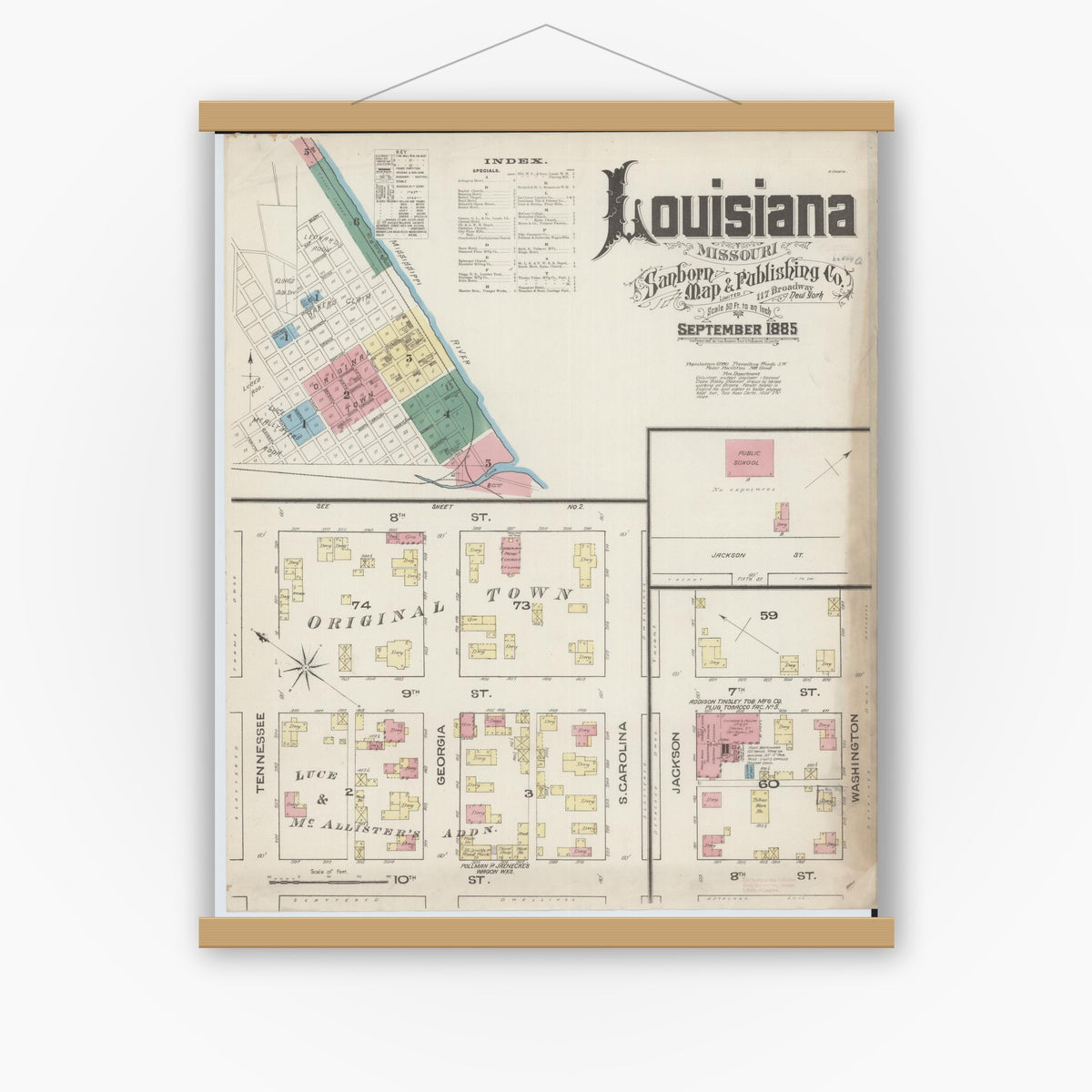 Old map wall art mockup — magnetic wood frame on white wall — Sanborn Fire Insurance Map from Louisiana, Pike County, Missouri (1885) - Complete Map Set